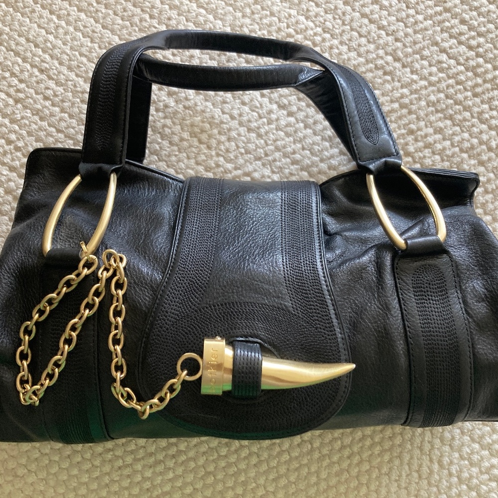 Elegant Black Leather Shoulder Bag with Gold Accents
